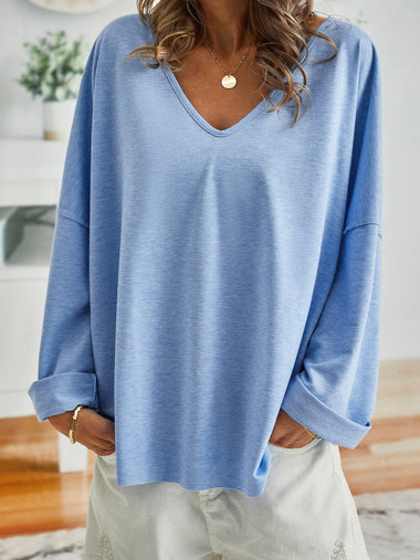 Long Sleeve V Neck Plain Casual Regular T-Shirt