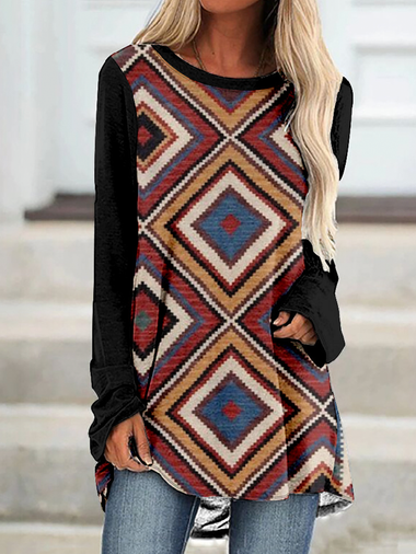 Loose Long Sleeve Crew Neck Ethnic Geometry Vintage Mid-Long T-Shirt