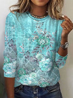 Loose Long Sleeve Crew Neck Floral Vintage Regular T-Shirt