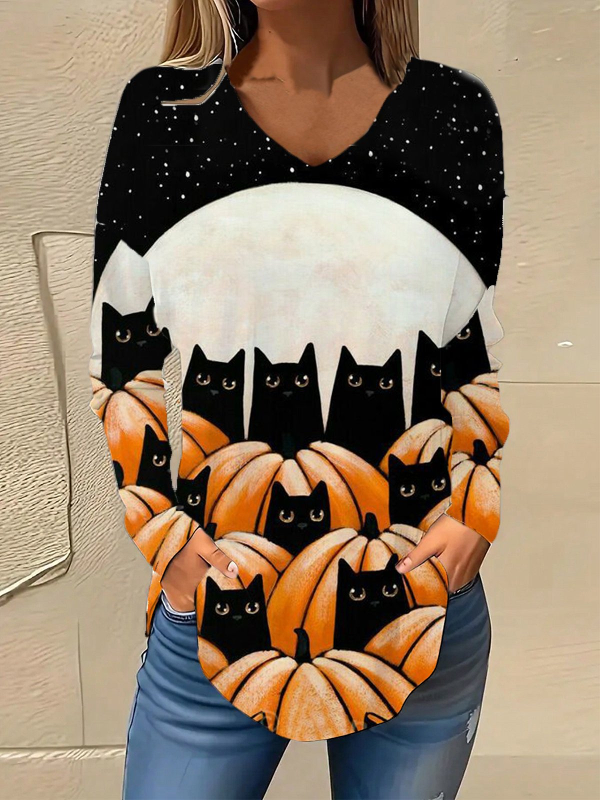 Casual Long Sleeve V Neck Halloween Loose Regular Blouse