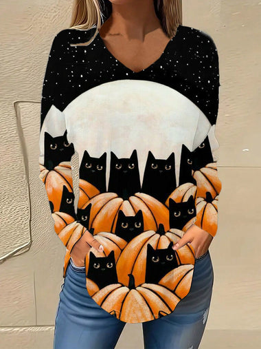 Casual Long Sleeve V Neck Halloween Loose Regular Blouse