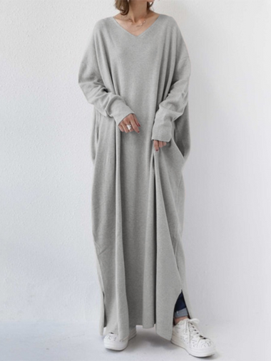 Casual Long Sleeve V Neck Plain Loose Maxi Dress