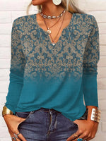 Loose Long Sleeve Notched Ethnic Casual Regular T-Shirt