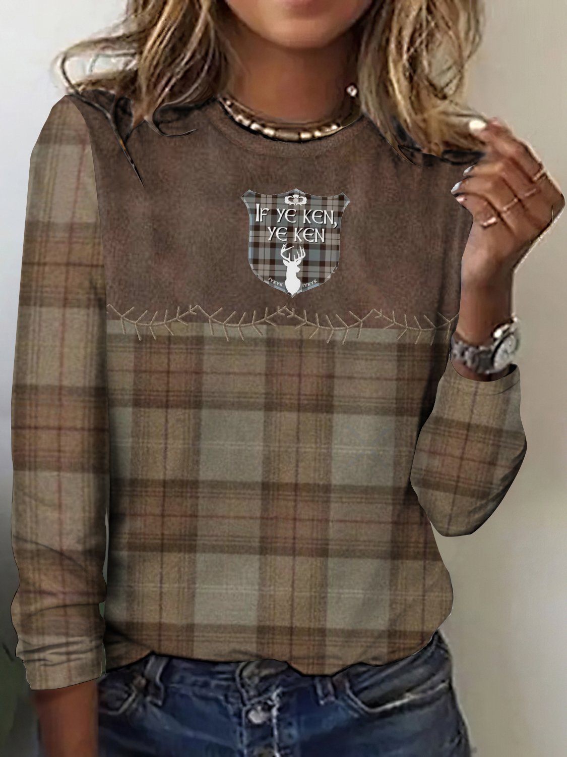 Vintage Long Sleeve Crew Neck Plaid Regular T-Shirt