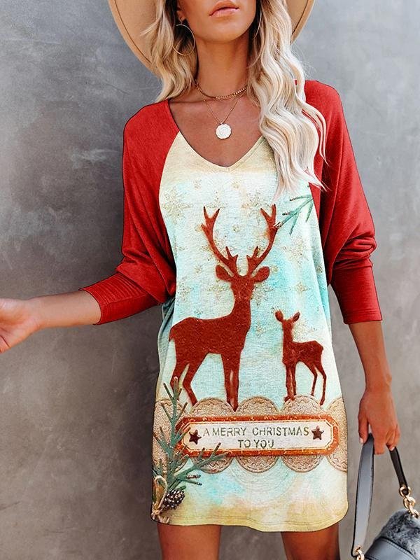 Casual Long Sleeve V Neck Christmas Short Dress