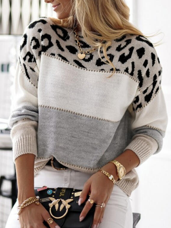 Casual Long Sleeve Crew Neck Leopard Loose Regular Sweater