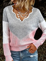 Casual Long Sleeve V Neck Color Block Loose Regular Sweater