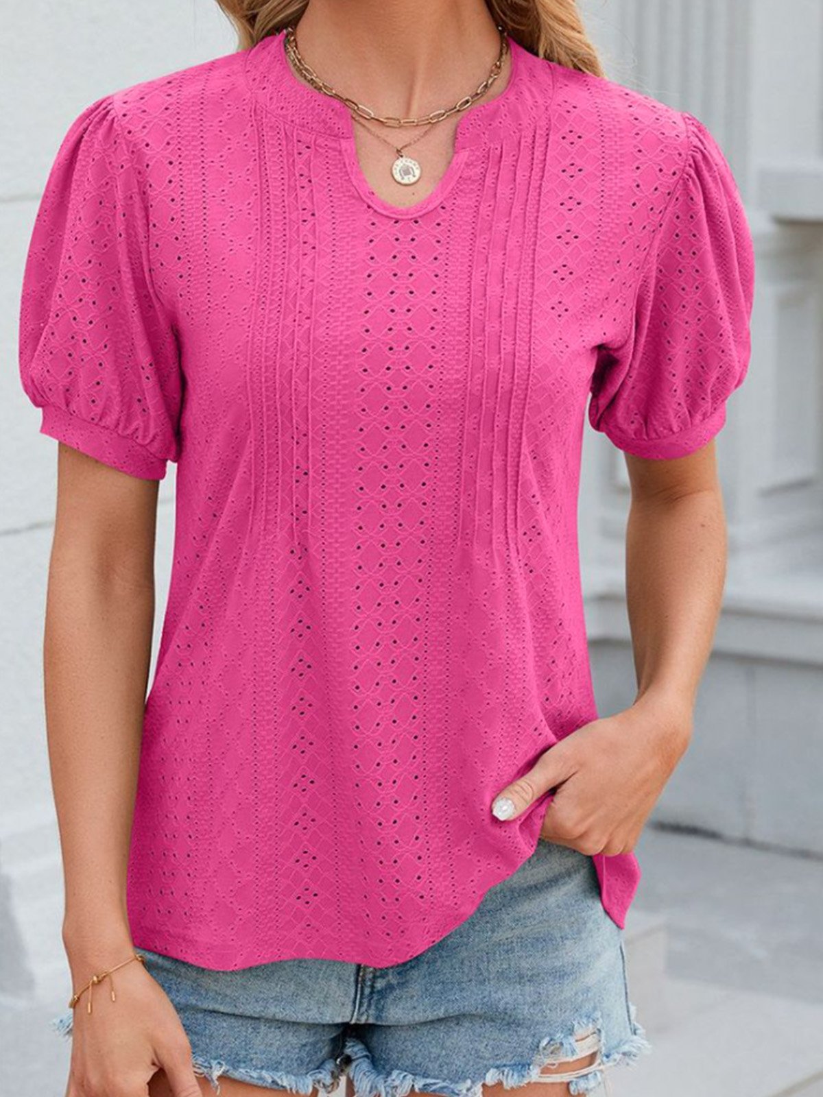 Casual Short Sleeve V Neck Plain Regular Blouse