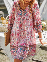 Casual Three Quarter Sleeve V Neck Floral Loose Short Dress