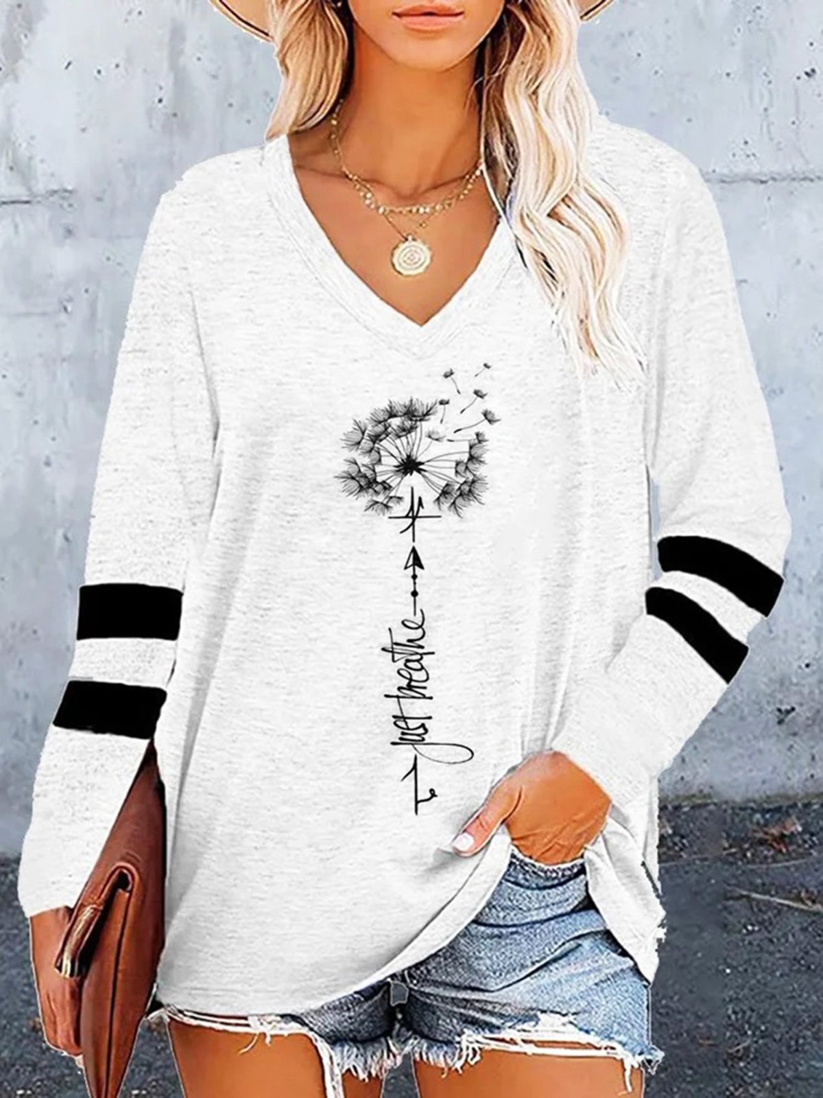 Loose Long Sleeve V Neck Dandelion Casual Regular T-Shirt