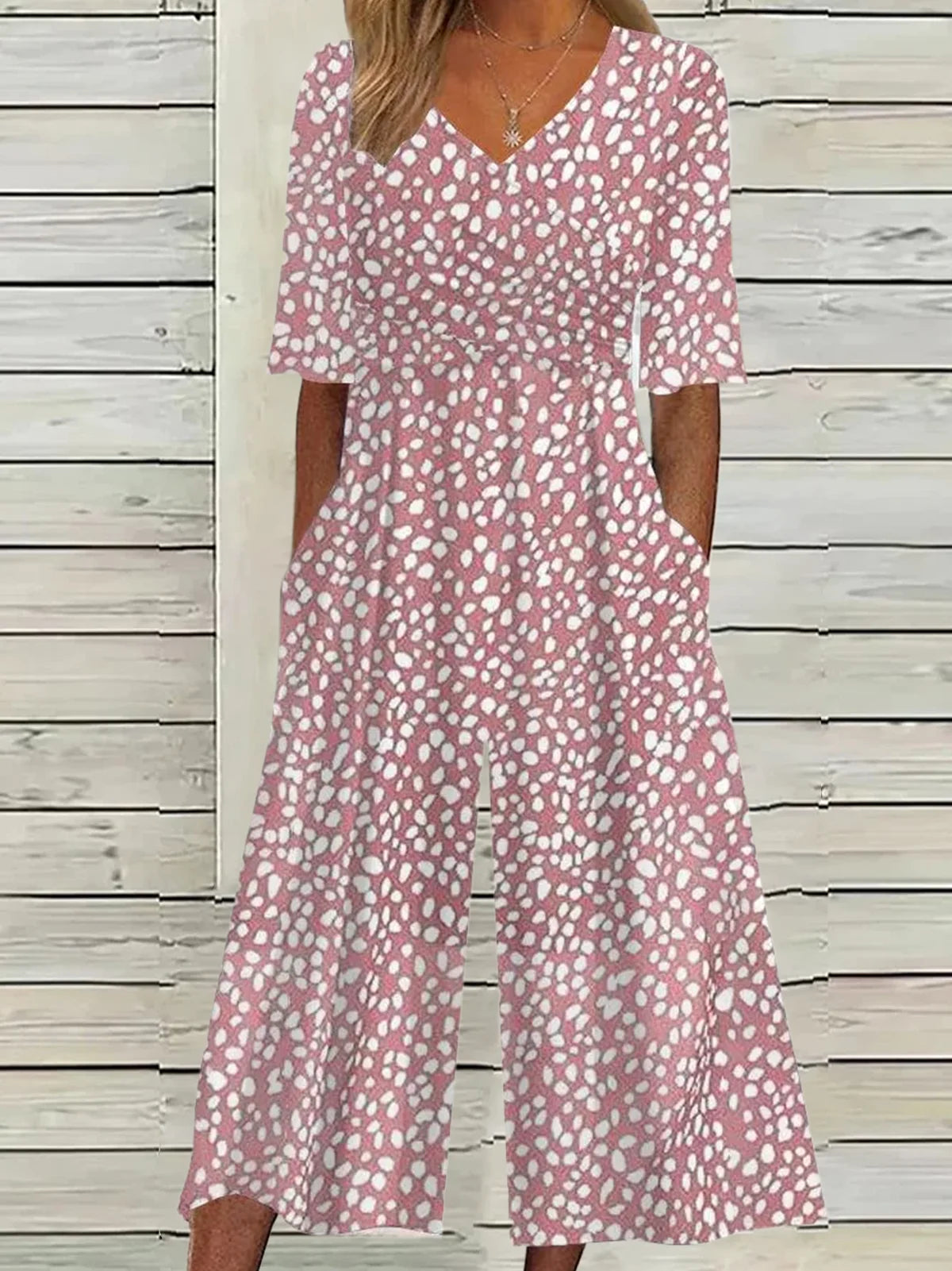 Loose Short Sleeve V Neck Polka Dots Casual Ankle Jumpsuit