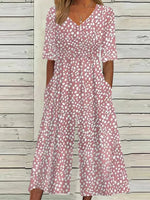 Loose Short Sleeve V Neck Polka Dots Casual Ankle Jumpsuit