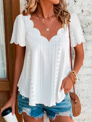 Loose Short Sleeve V Neck Plain Casual Regular Blouse