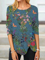 Loose Long Sleeve Notched Floral Casual Regular Blouse