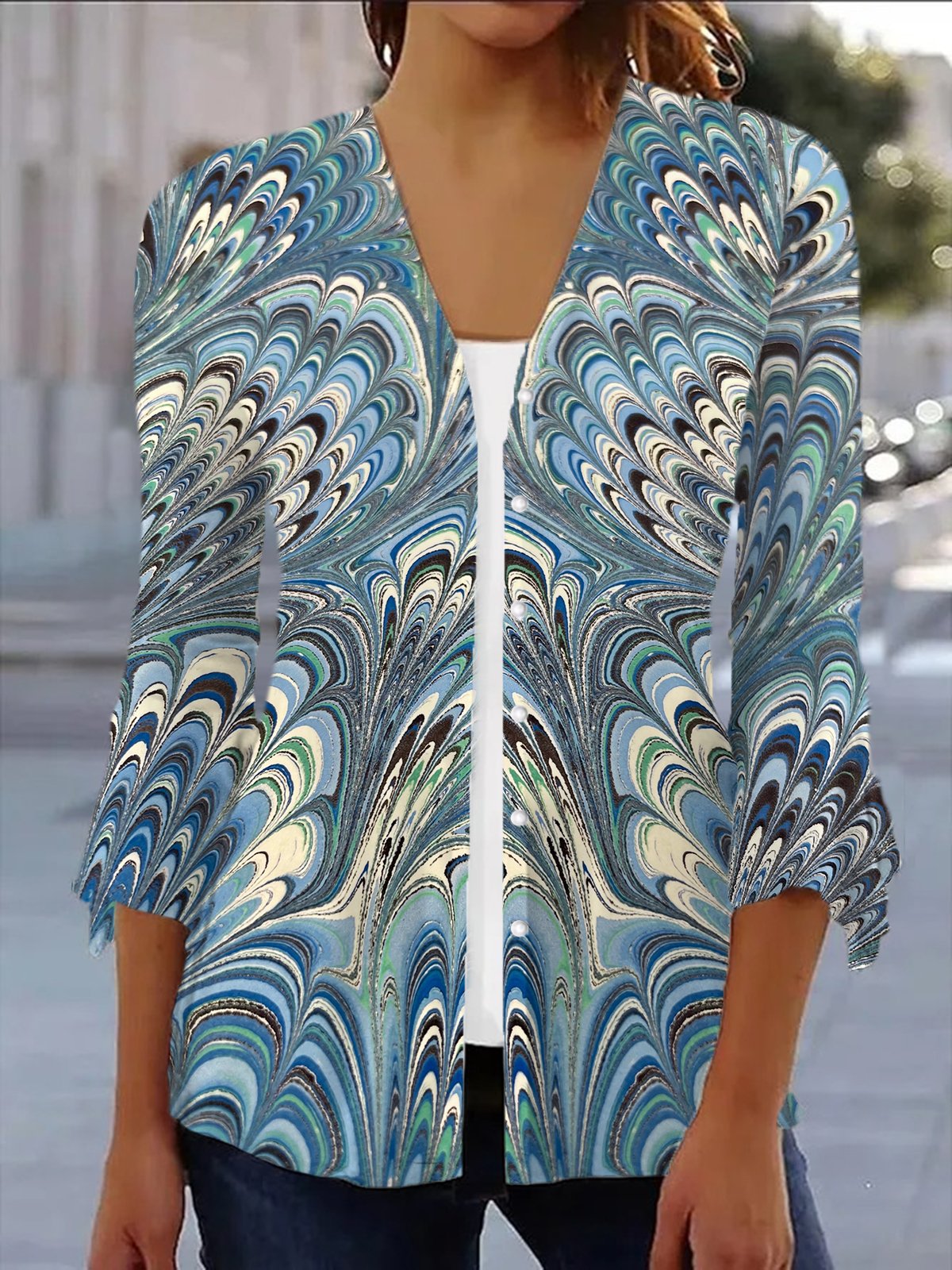 Loose V Neck Three Quarter Sleeve Geometric Casual Regular Kimono