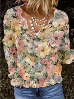 Loose Long Sleeve V Neck Floral Casual Regular Blouse