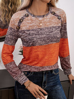 Loose Long Sleeve Notched Color Block Casual Regular T-Shirt