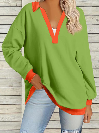 Casual Long Sleeve V Neck Color Block Loose Regular Loose Blouse