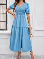 Vacation Short Sleeve V Neck Plain Midi Dress