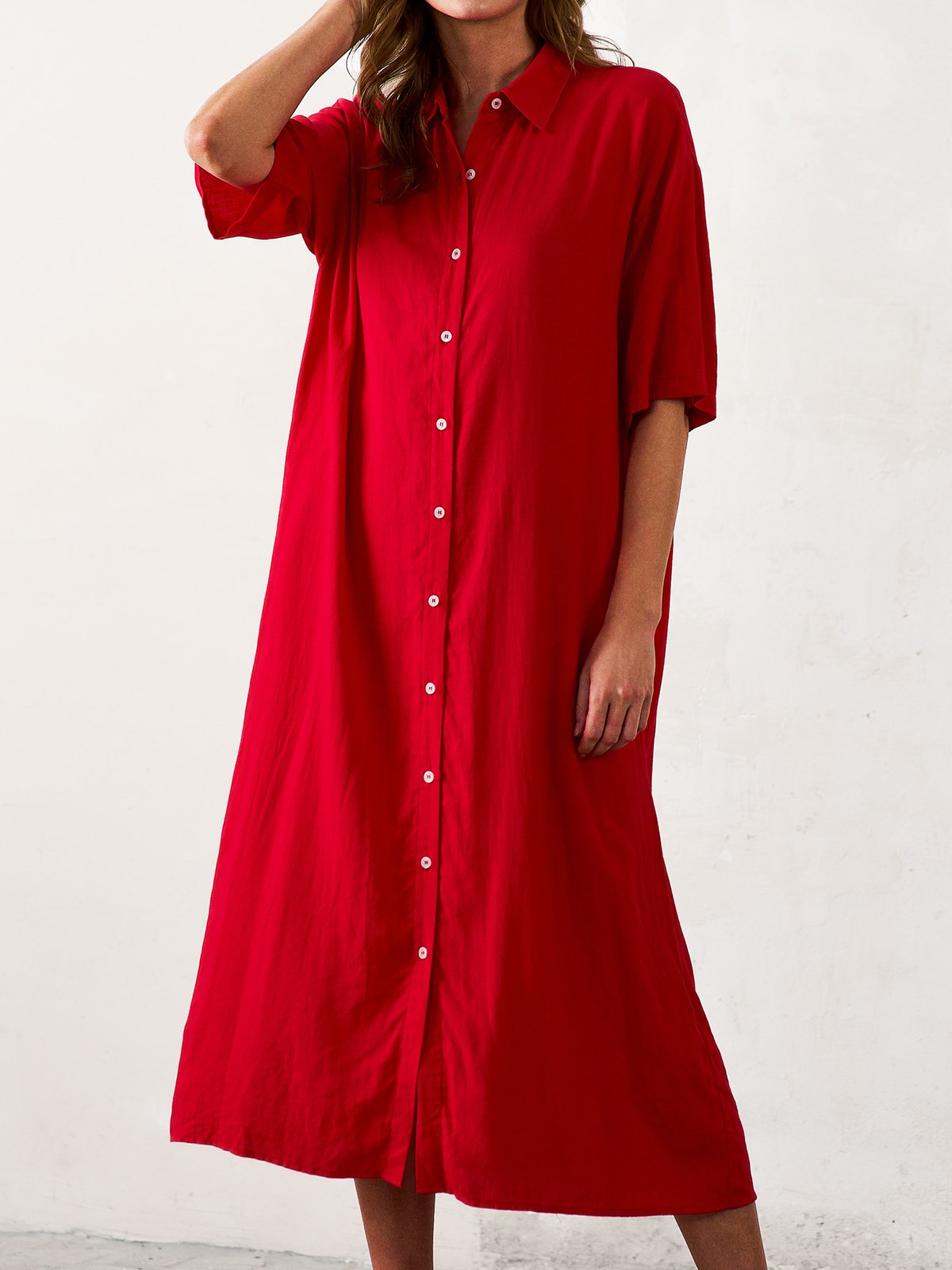 Casual Half Sleeve Shirt Collar Plain Loose Maxi Dress