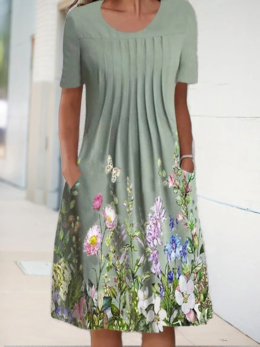 Casual Short Sleeve Crew Neck Floral Pattern Midi Dress