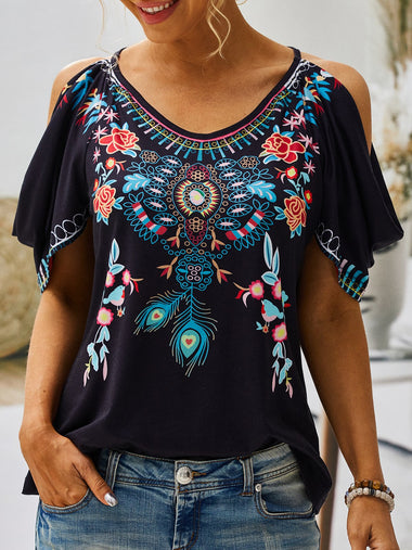 Casual Short Sleeve Crew Neck Floral Regular Blouse