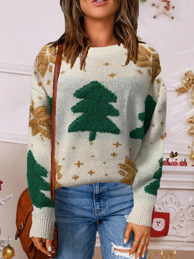 Loose Long Sleeve Crew Neck Christmas Tree Casual Regular Sweater