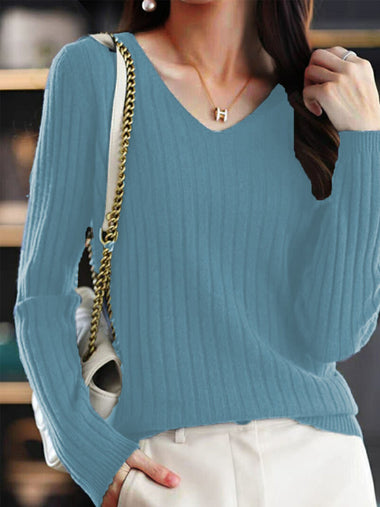 Loose Long Sleeve V Neck Plain Casual Regular Sweater