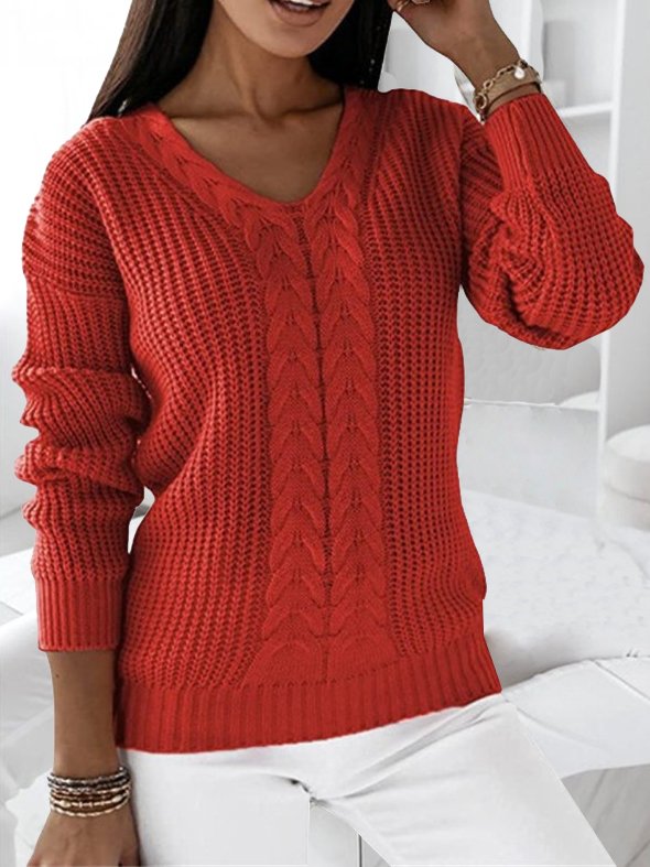 Casual Long Sleeve V Neck Plain Loose Regular Sweater