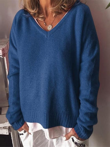 Loose Long Sleeve V Neck Plain Casual Regular Sweater