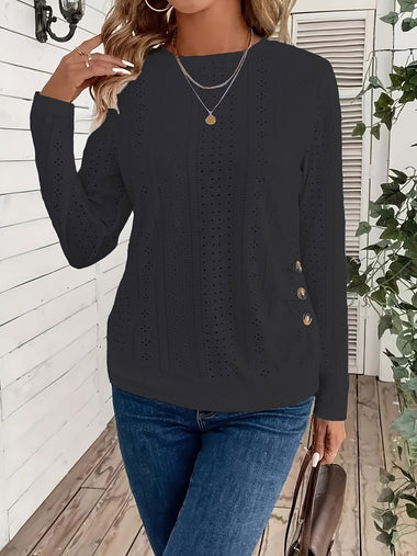 Loose Long Sleeve Crew Neck Plain Casual Regular Blouse