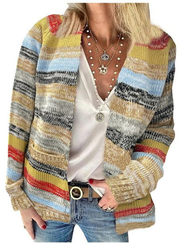 Loose Long Sleeve Multicolor Block Casual Regular Cardigan