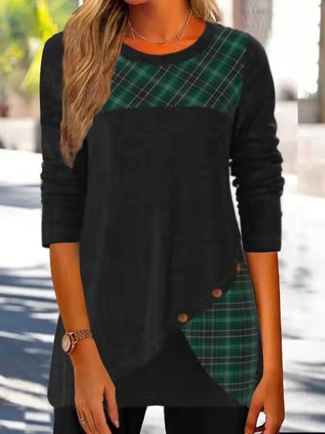 Loose Long Sleeve Crew Neck Plaid Casual Mid-Long Blouse