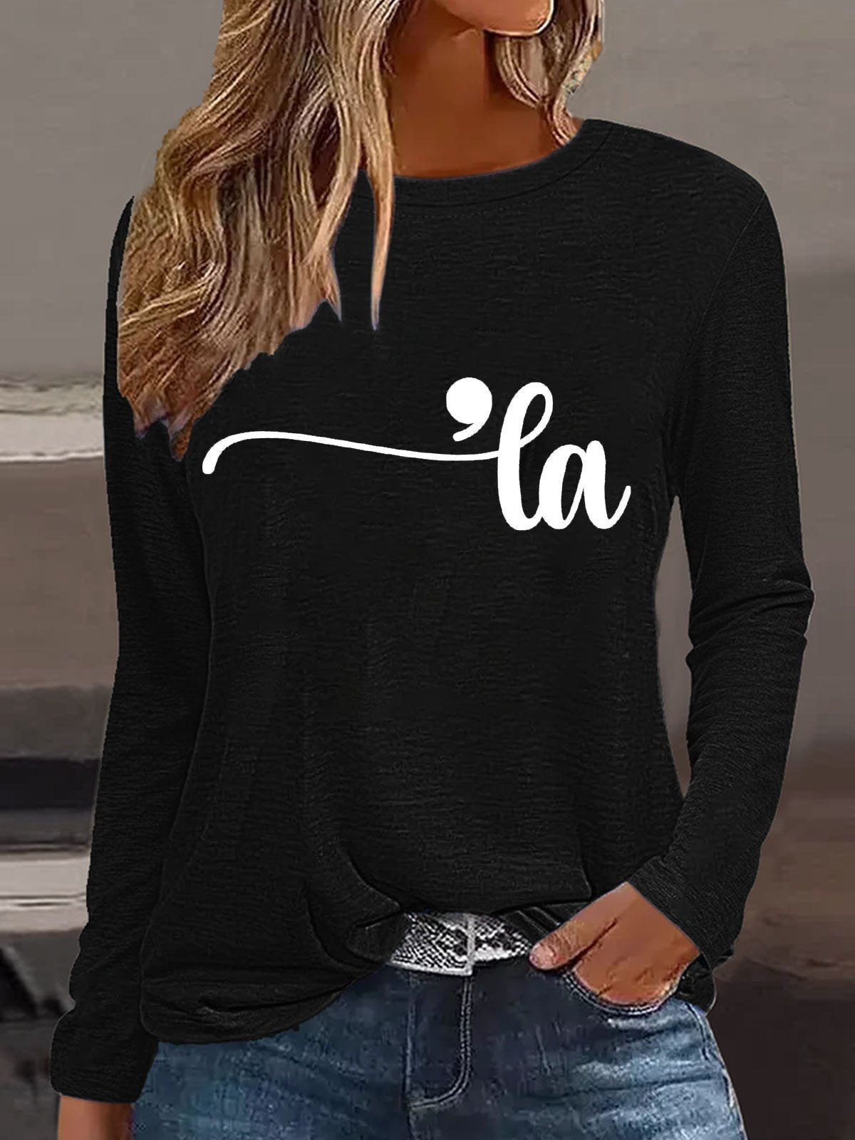 Casual Long Sleeve Crew Neck Text Letters Loose Regular T-Shirt