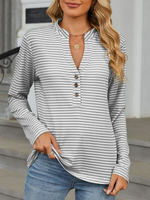 Casual Long Sleeve V Neck Striped Mid-Long Blouse