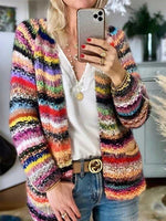 Plus Size Ethnic Long Sleeve Striped Regular Cardigan