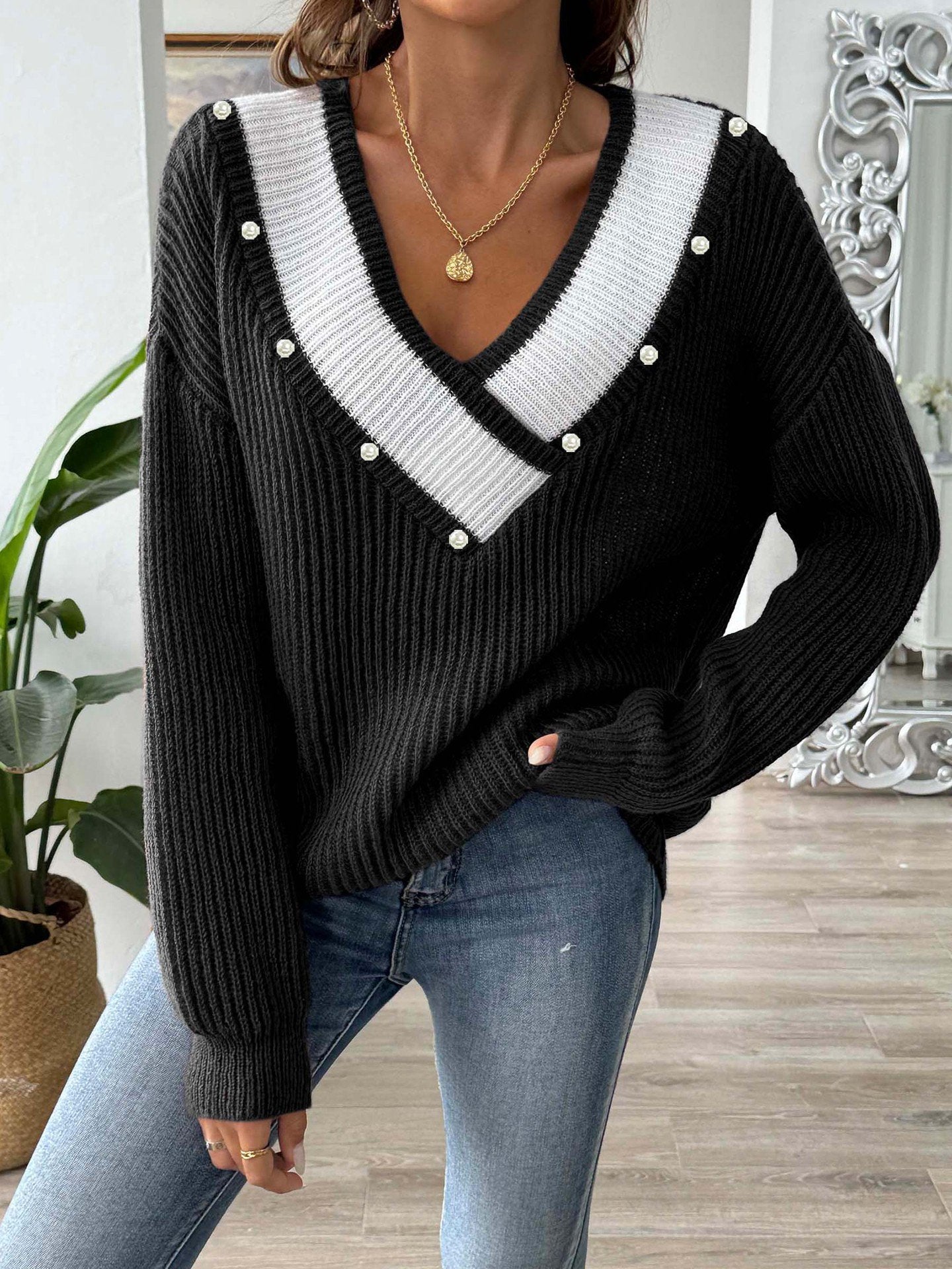 Casual Long Sleeve V Neck Plain Loose Regular Sweater