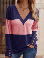 Casual Long Sleeve V Neck Color Block Loose Mid-Long T-Shirt