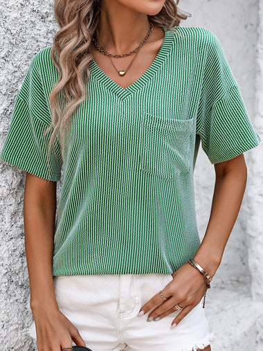 Casual Short Sleeve V Neck Plain Regular Blouse