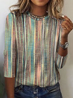 Vintage Long Sleeve Crew Neck Striped Loose Regular Blouse