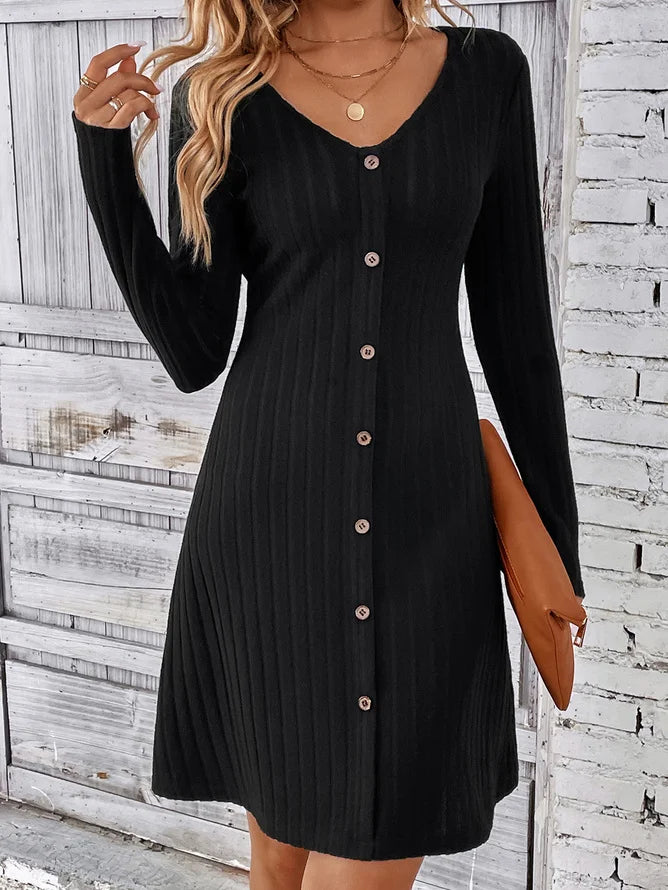 Casual Long Sleeve V Neck Plain Buttoned Midi Dress