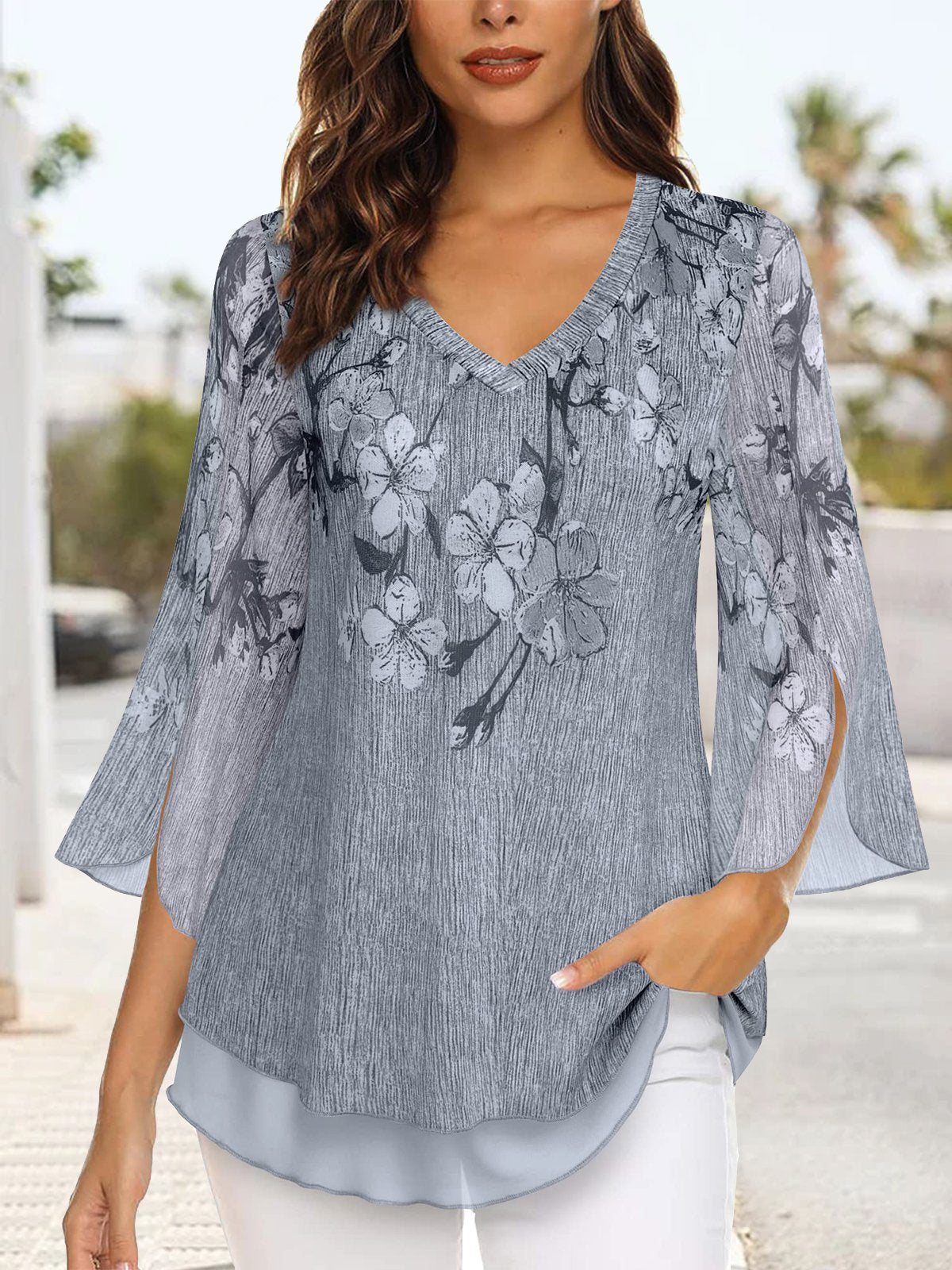 Elegant Three Quarter Sleeve V Neck Floral Pattern Loose Mid-Long Blouse