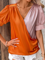 Casual Short Sleeve V Neck Color Block Loose Regular Blouse