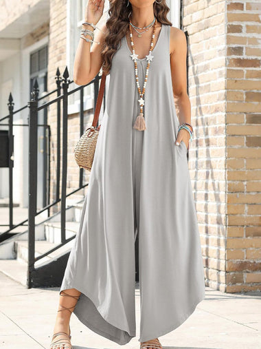 Sleeveless Crew Neck Plain Casual Long Jumpsuit