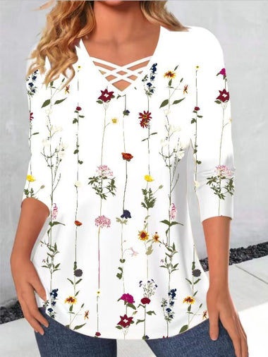 Casual Long Sleeve V Neck Floral Loose Regular Blouse