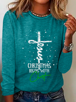 Loose Long Sleeve Crew Neck Christmas Casual Regular T-Shirt