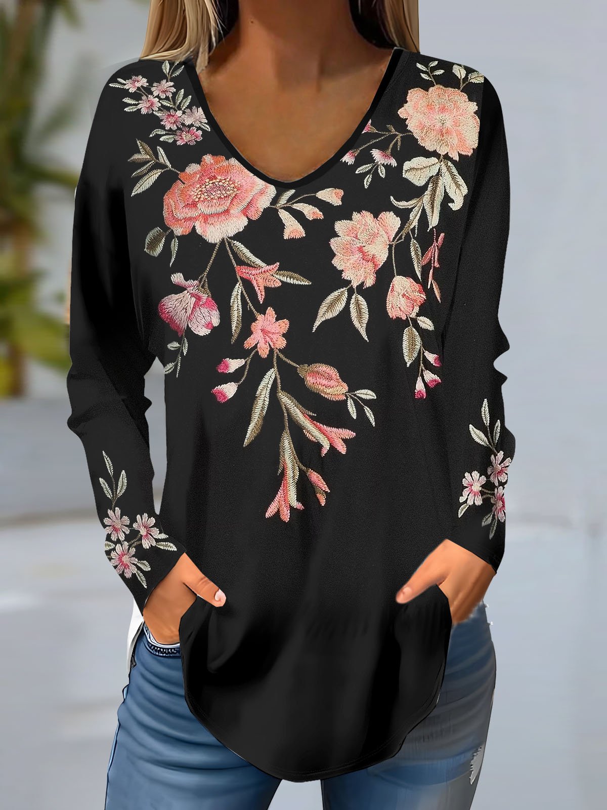 Casual Long Sleeve V Neck Floral Loose Regular Blouse