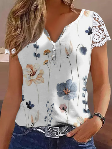 Loose Short Sleeve V Neck Floral Printing Casual Regular Blouse