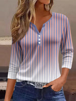 Loose Three Quarter Sleeve Notched Striped Casual Regular T-Shirt