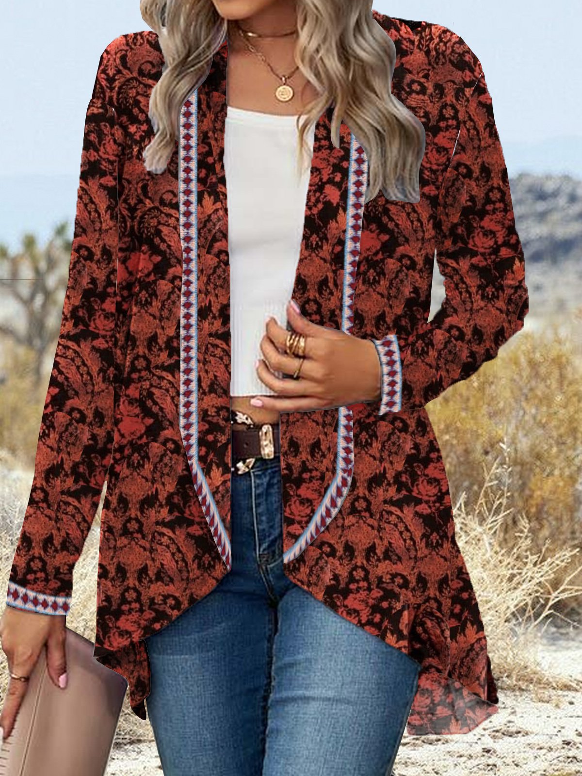 Loose Long Sleeve Ethnic Floral Boho Mid-Long Kimono